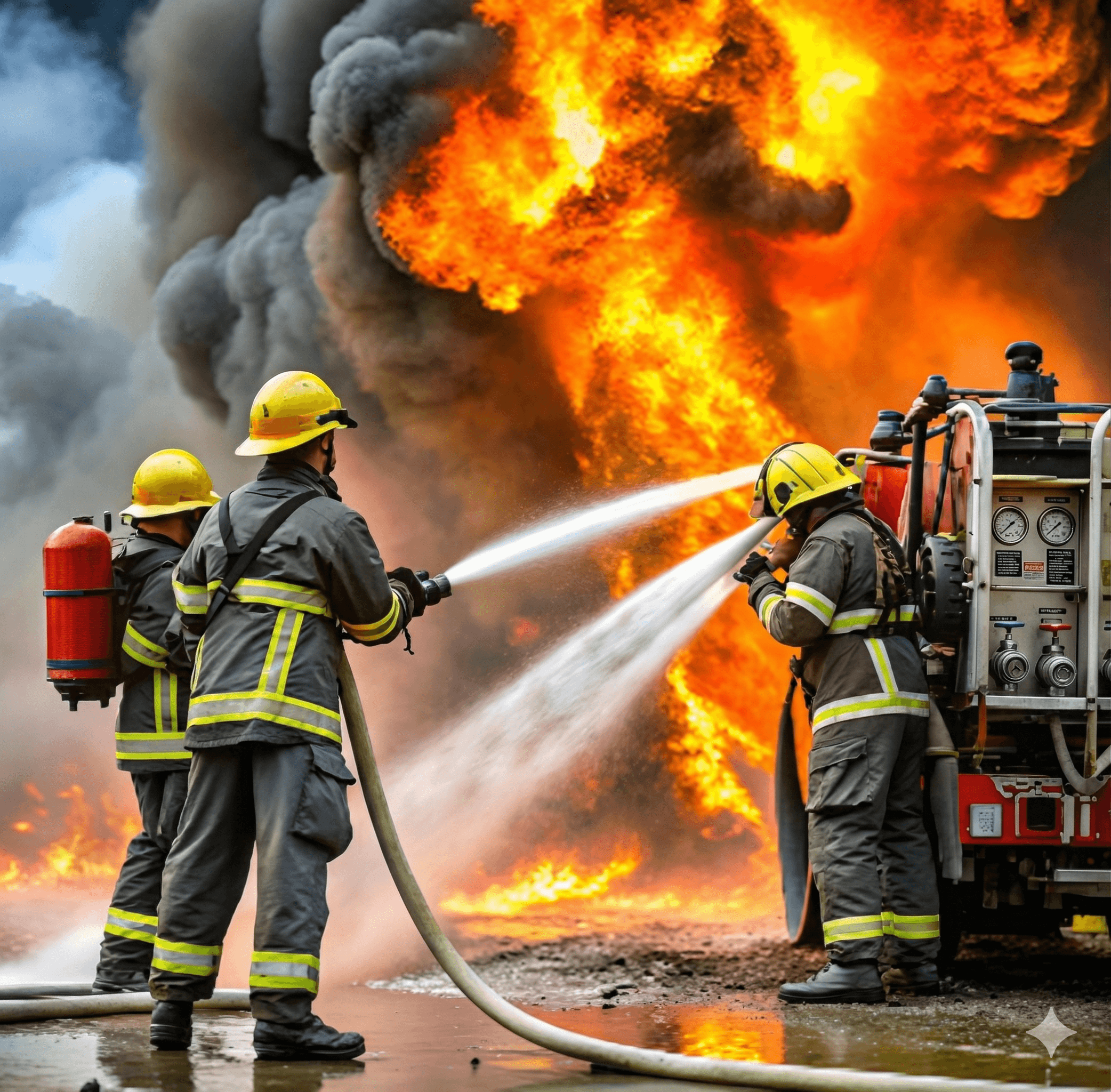 Firefighters putting out a large fire